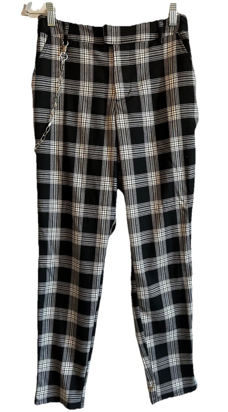 Vintage Hot Topic Plaid Pants With A Hanging Chain Black Gray 90s Goth Punk Med